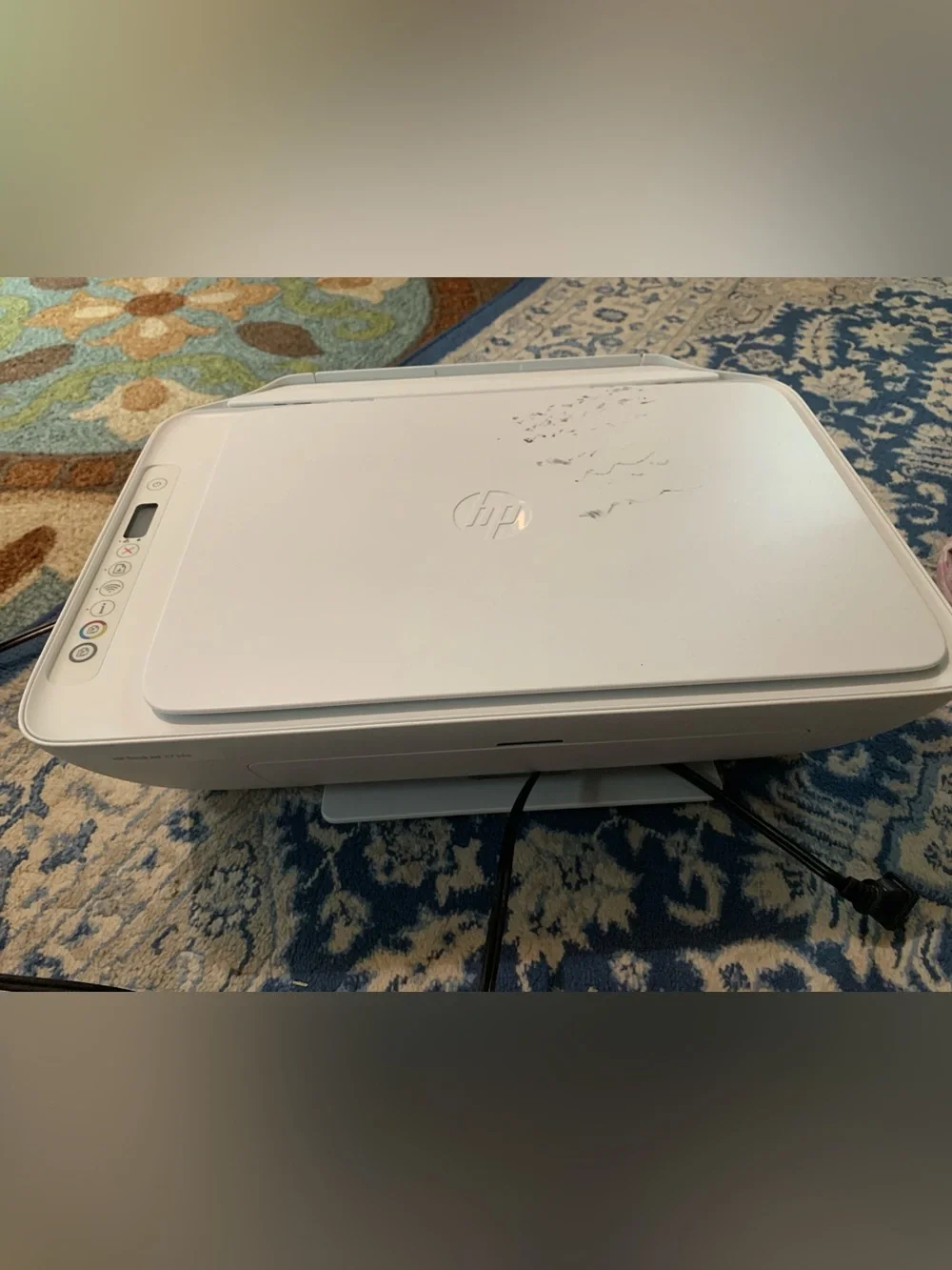 HP White Desktop All-in-One Printer Scanner Copier. Some markings on top.